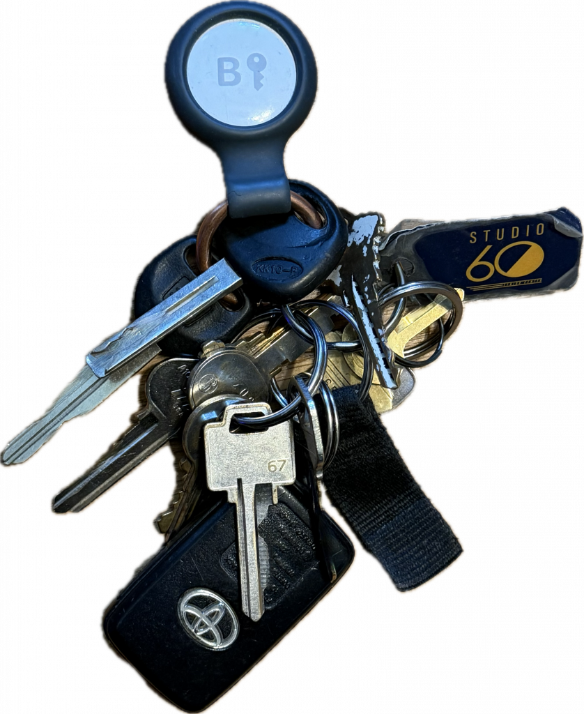 Car keys with engraved AirTag with B and a key emoji, for Bryan's Keys